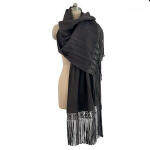 $479 Pineda Covalin 100% Alpaca Wool Shawl Scarf Black Fringe Trim Luxury Chic